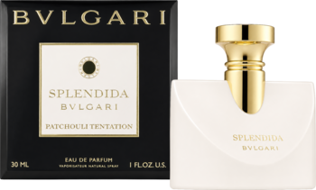 Damska woda perfumowana Bvlgari Splendida Patchouli Tentation. Czarny kartonik i biała butelka ze złotą nakrętką.