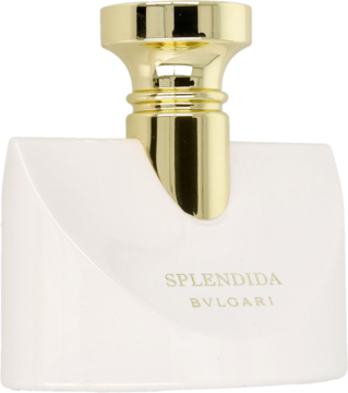 Biała butelka perfum Bvlgari Splendida Patchouli Tentation z złotą zakrętką, elegancki flakon, widok z przodu.