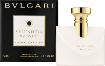 Bvlgari Splendida Patchouli Tentation 50 ml, czarne pudełko i biały flakon wody perfumowanej ze złotym korkiem.