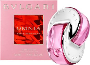 Bvlgari Omnia Pink Sapphire EDT, różowe pudełko i srebrno-różowa butelka o unikalnym, kolistym kształcie.