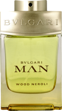 Bvlgari Man Wood Neroli, męska woda perfumowana w szklanej butelce, zielony płyn, złote wykończenie.