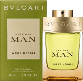 Bvlgari Man Wood Neroli EDP dla mężczyzn: butelka z żółtym płynem, złoty korek, obok oliwkowo-złote pudełko.