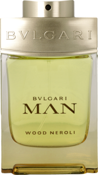 Przednia butelka perfum Bvlgari Man Wood Neroli, żółty płyn, złota nakrętka, męska woda perfumowana.
