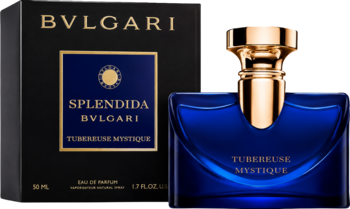 Bvlgari Splendida Tuberose Mystique: granatowa butelka z geometrycznymi liniami i złotym korkiem obok czarnego opakowania.