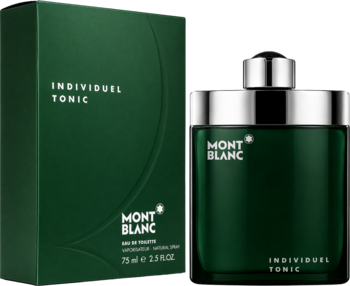 Montblanc Individuel Tonic, woda toaletowa męska 75ml. Ciemnozielona butelka z srebrnym korkiem i pudełko, widok z przodu.