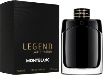 Montblanc Legend Eau de Parfum dla mężczyzn, czarna butelka i pudełko ze złotym napisem, widok z przodu.