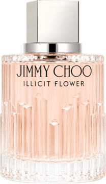 Jimmy Choo Illicit Flower, kwiatowy zapach 40ml. Przezroczysta butelka z różowym płynem, rzeźbiona podstawa, srebrna zakrętka. Widok z przodu.