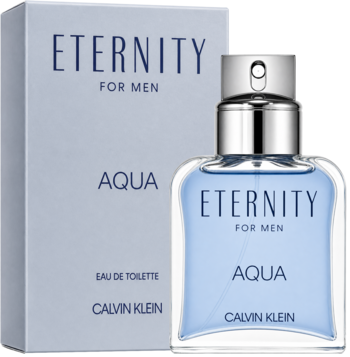 Calvin Klein Eternity For Men Aqua EDT: jasnoniebieska butelka z atomizerem obok pasującego pudełka, widok z przodu.
