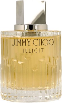 Złoty flakon Jimmy Choo Illicit damskiej wody perfumowanej, z fasetowanym szkłem i srebrną nakrętką, widok z przodu.