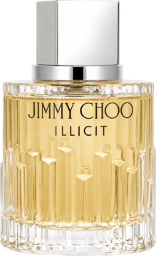 Jimmy Choo Illicit woda perfumowana, szklany flakon o fasetowanej strukturze, złoty płyn, srebrny korek, widok z przodu.