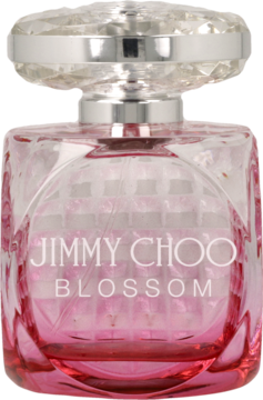 Jimmy Choo Blossom woda perfumowana w różowo-przezroczystej, fasetowanej butelce z krystalicznym korkiem, widok z przodu.