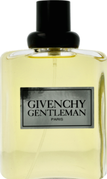 Givenchy Gentleman woda toaletowa, butelka z bursztynowym płynem i srebrną etykietą, widok od przodu.