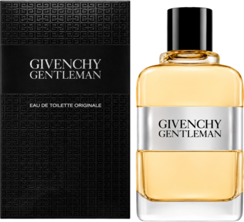Givenchy Gentleman Eau de Toilette Originale. Czarne pudełko i prostokątna butelka z bursztynowym płynem, widok z przodu.