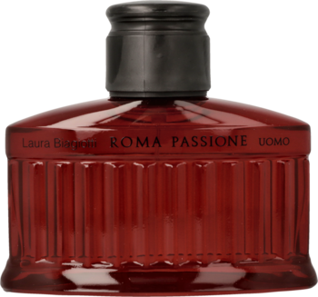 Roma Passione Uomo Laura Biagiotti, ciemnoczerwona woda toaletowa w butelce ze żłobieniami, widok z przodu.