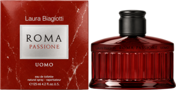Woda toaletowa Roma Passione Uomo Laura Biagiotti, czerwona butelka z żłobieniami obok pudełka w marmurkowy wzór.