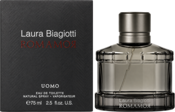 Męska woda toaletowa Laura Biagiotti Romamor Uomo 75ml, ciemna butelka z żebrowaniem i pudełko na czarnym tle.