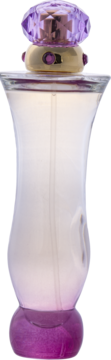 Perfumy Versace Woman w szklanym flakonie o kobiecych kształtach, z purpurowym korkiem i złotą szyjką.