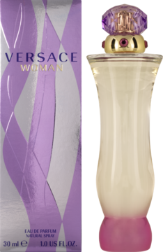 Woda perfumowana Versace Woman dla kobiet, fioletowe opakowanie z falistym wzorem, obok flakon z fioletowym korkiem.