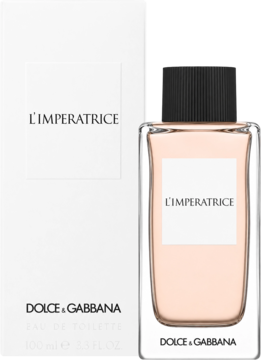 Dolce & Gabbana L'Impératrice, owocowo-kwiatowa woda perfumowana. Różowy płyn w szklanej butelce, obok białe pudełko.