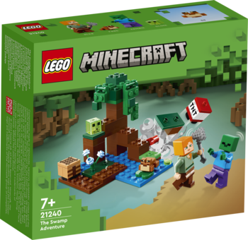 Pudełko LEGO Minecraft The Swamp Adventure 21240, z przodu zbudowany model bagna z Alex, zombie i żabą.
