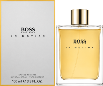 Hugo Boss In Motion męska woda toaletowa. Białe pudełko i szklana butelka 100ml z bursztynowym płynem, widok z przodu.