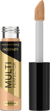 Max Factor Facefinity Multi-Perfector Korektor do twarzy w beżowej butelce z widocznym aplikatorem jumbo.