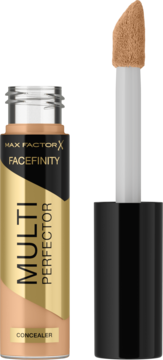 Max Factor Facefinity Multi-Perfector, płynny korektor rozświetlający w beżowej butelce, otwarty z aplikatorem jumbo.
