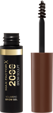 Max Factor 2000 Calorie Brow Sculpt Volumising Brow Gel, otwarty, czarny ze złotym paskiem i brązową szczoteczką.