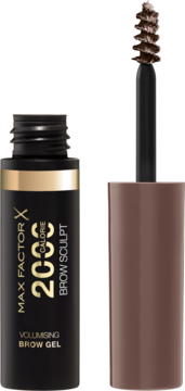 Max Factor 2000 Calorie Brow Sculpt, brązowy żel do brwi w czarnej butelce, ze spiralną szczoteczką, widok z przodu.