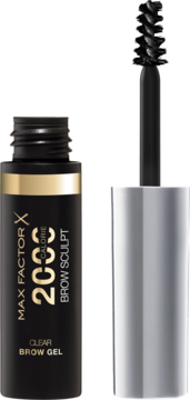 Max Factor 2000 Calorie Brow Sculpt Clear Brow Gel w czarnym flakonie ze złotym paskiem i otwartym pędzelkiem.