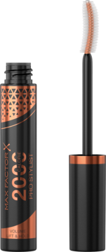 Max Factor 2000 Calorie Pro Stylist mascara, czarna tuba z miedzianym wzorem, obok otwarta z pomarańczową silikonową szczoteczką.