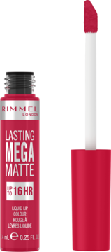 Rimmel Lasting Mega Matte. Otwarta czerwono-różowa buteleczka płynnej pomadki z aplikatorem obok, widok z przodu.