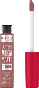 Rimmel London Lasting Mega Matte pomadka w płynie w odcieniu nude, otwarta butelka z wyciągniętym aplikatorem.