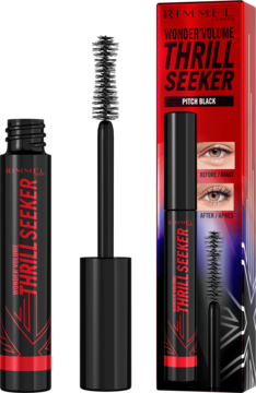 Rimmel Wonder'Volume Thrill Seeker Pitch Black: otwarty tusz z widoczną szczoteczką, zamknięty i w pudełku.
