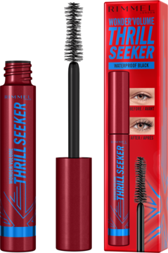 Mascara Rimmel Wonder'Volume Thrill Seeker Waterproof Black, czerwona tuba z wysuniętą szczoteczką i kartonik.