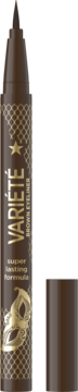 Brązowy eyeliner Variété, długotrwały, ze złotym logo i wzorami, z boku widoczna nakrętka.