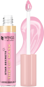 Różowa maska do ust Wings of Color Star Secrets, butelka z aplikatorem i smuga produktu.