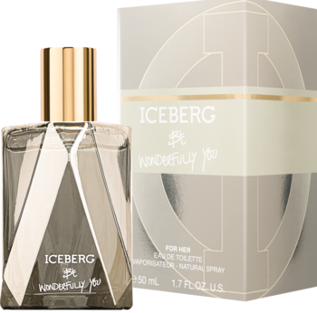 Woda toaletowa Iceberg Be Wonderfully You 50ml, butelka z geometrycznym wzorem, obok beżowego pudełka, widok z przodu.