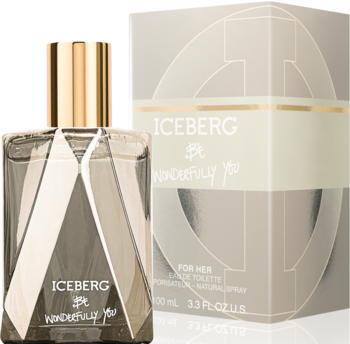 Iceberg Be Wonderfully You woda toaletowa: flakon z geometrycznym wzorem i złoceniem, obok pasujące pudełko.