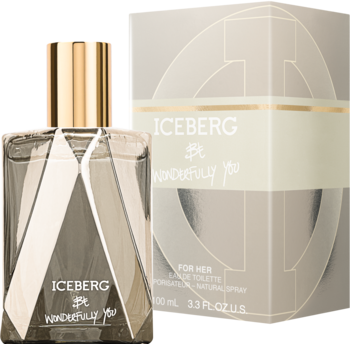 Iceberg Be Wonderfully You EDT 100ml: szklana butelka z rombowym wzorem i złotym korkiem, obok beżowe pudełko.
