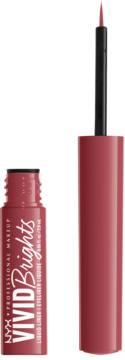 Eyeliner NYX Vivid Brights w kolorze głębokiego różu, z wyjętym aplikatorem i pędzelkiem, widok z boku.