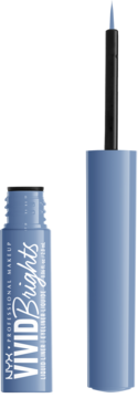 NYX Vivid Brights Liquid Eyeliner w błękitnym opakowaniu, otwarty, z czarnym aplikatorem obok tuby.