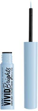 Jasnoniebieski eyeliner NYX Vivid Brights Liquid Liner z wyciągniętym czarnym aplikatorem, widok z przodu.