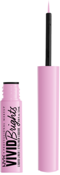 Różowy eyeliner NYX Vivid Brights z otwartą butelką i widocznym czarnym precyzyjnym aplikatorem.