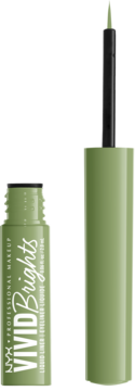 NYX Vivid Brights zielony płynny eyeliner, otwarta butelka z aplikatorem obok zamkniętej z widoczną nazwą.