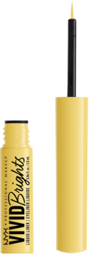 NYX Vivid Brights żółty płynny eyeliner w otwartej butelce z wyjętym aplikatorem obok.