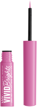 Różowy eyeliner NYX Vivid Brights, butelka z wyciągniętym aplikatorem, widok z przodu, na czarnym tle.