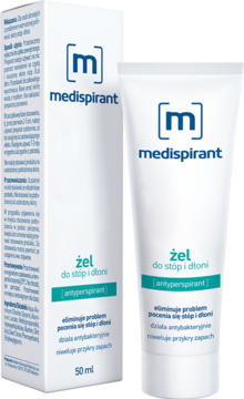 Antyperspirant Medispirant żel do stóp i dłoni w białej tubce i pudełku z niebiesko-turkusowymi napisami, widok z przodu.