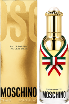 Moschino Eau de Toilette damska, złota butelka z kokardką w barwach Włoch, widok z przodu obok pudełka.