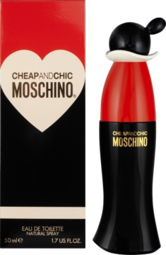 Moschino Cheap & Chic woda toaletowa 50ml, czarno-czerwona butelka z unikalnym korkiem i pudełko z sercem.